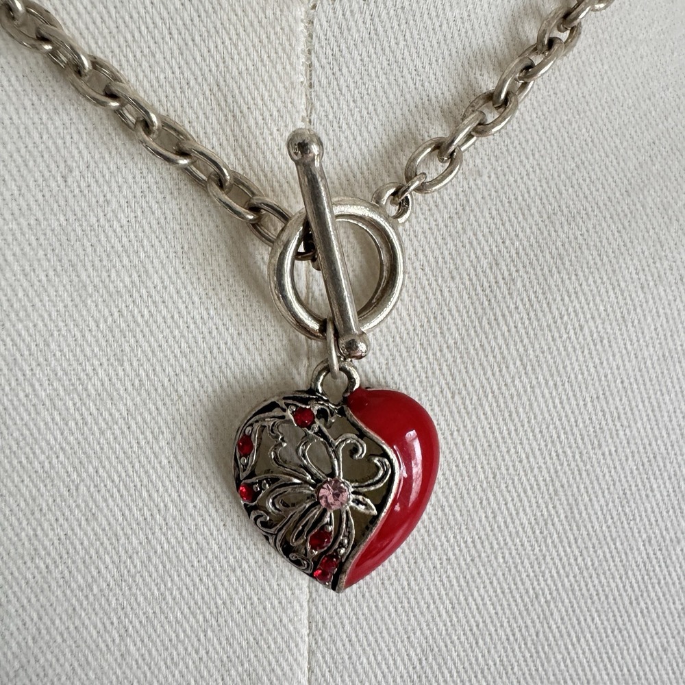 Vintage Heart Necklace Bali Style Toggle Chain Silver Tone Red Rhinestone Goth